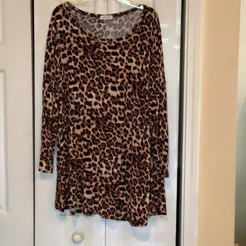 Leopard Print Long Sleeve Tunic - Brown & Black 4X